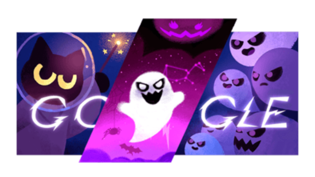 Im Google Doodle-Spiel „Halloween“ kämpfst du als süße, magische Katze gegen Geister

