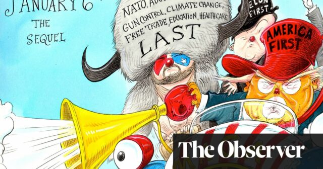 Chris Riddell über Donald Trump, der sich mit Clowns umgibt – Cartoon

