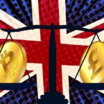 Bitcoin and British pound on scales and colored flag of Great Britain