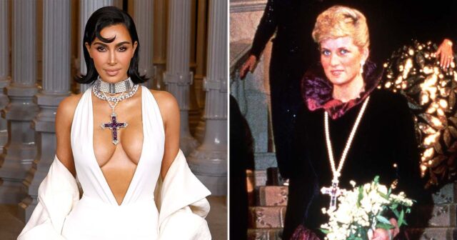 Kim Kardashian trägt die Kreuzkette von Prinzessin Diana bei der LACMA Art+Film Gala

