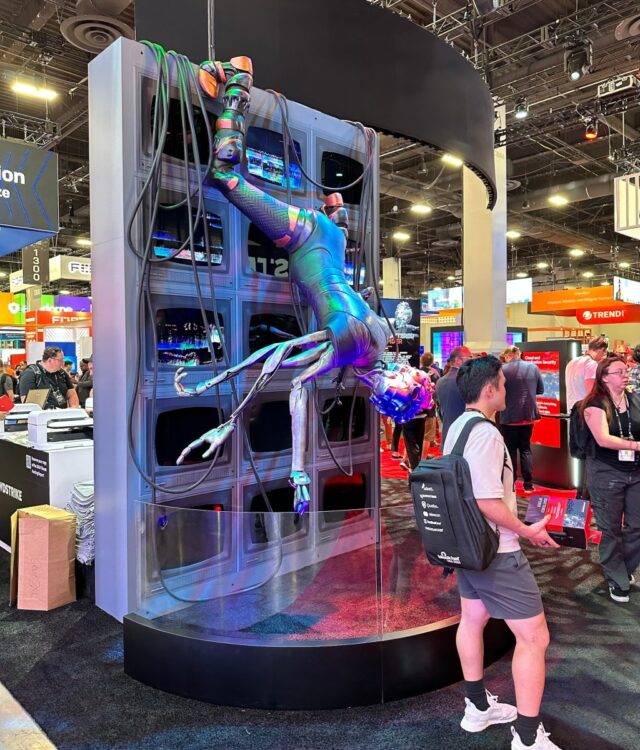 A statue of CrowdStrike’s action figure that represents the Scattered Spider cybercriminal group, seen at the Black Hat cybersecurity conference in August 2024.