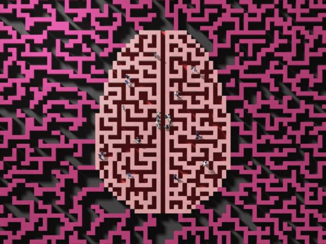 People walking in a maze shaped as a brain