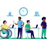 Employee people with disabilities and inclusion work together in office. Disabled different people on wheelchair and with prothesis sit and communicate using laptop. Handicap persons work. Vector