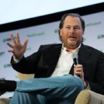 Marc Benioff, chairman and co-CEO at Salesforce, speaking on stage at TechCrunch Disrupt with TechCrunch Editor Matthew Panzarino in 2019.