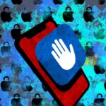 an illustration of a blue Lockdown Mode icon on a red phone on a blue background featuring Apple logos with padlocks.