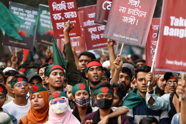 the students against discrimination sad group holds the march for unity rally demanding proclamation of the july revolution and to mark the student led uprising five months ago that led to the ouster of longstanding prime minister sheikh hasina and to remember the more than 1 000 killed in the violence at the central shaheed minar in dhaka bangladesh december 31 2024 photo reuters