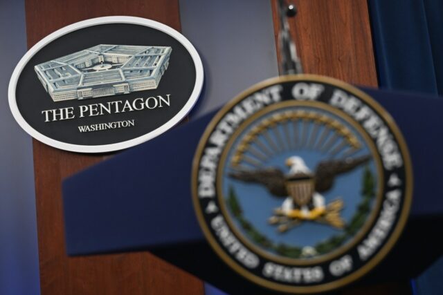 Pentagon logo is seen ahead of a press conference at the Pentagon in Washington D.C., United States on October 17, 2023.