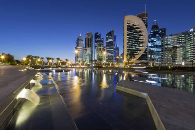 Cityscape in Doha, Qatar, at night.