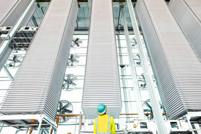 A man in a hardhat looks up at Heirloom Carbon's carbon capture stacks.