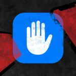 An illustration of a white hand on a blue rounded-corner square on a background with iPhones.