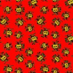 a sea of patterned green bugs with yellow bitcoin logos on them on a red background