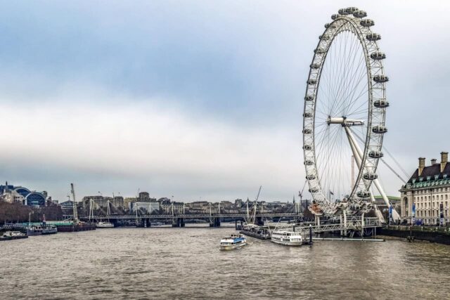 View of the river Thames and London eye, UK.