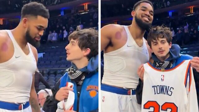 Karl-Anthony Towns Geschenke Timothée Chalamet Jersey nach dem Gewinn von Knicks

