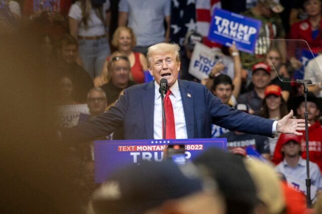 Former US President and Republican presidential candidate Donald Trump speaks during an election campaign rally in Bozeman, Montana, on August 9, 2024.