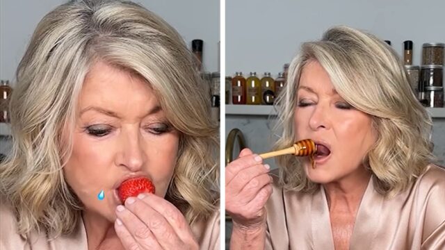 Martha Stewart stöhnt verführerisch und schlürft auf Erdbeer in der IG -Durstfalle

