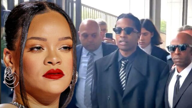 Rihanna rockt weißes Top, Gold Hoops bei einem $ ap Rocky Trial

