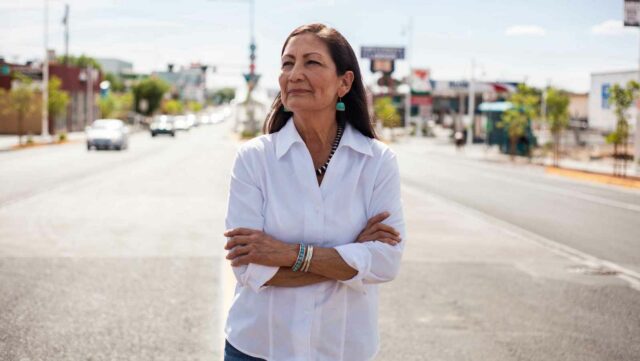 Deb Haaland poses for an AP photographer.