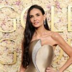 Demi Moore trägt bei den Golden Globes 2025 einen Ethereal Gold Glam