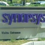 Close-up of sign with logo at Silicon Valley headquarters of technology company Synopsys, Mountain View, California.