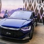 A BYD Han car is on display at Auto Shanghai 2021