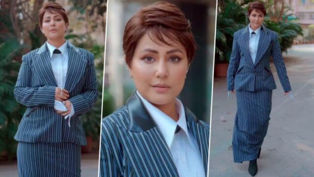 Hina Khan Oozes Boss Babe Vibes in Striped Blue Suit and Skirt, Actress Makes Stunning Style Statement in Formal Outfit (Watch Video)