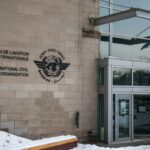 The front entrance to the headquarters of the International Civil Aviation Organization (ICAO), offices at 999 Boulevard Robert-Bourassa in Montreal.