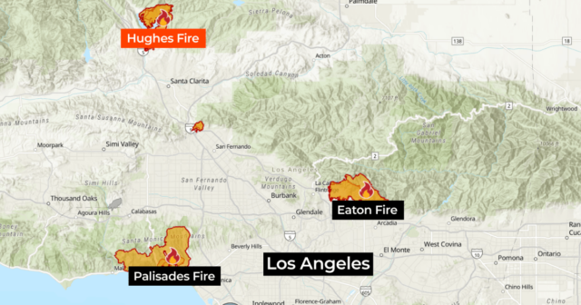 Kartierung des Hughes-Lauffeuers, das die Los Angeles Mountains verbrennt

