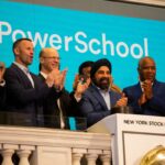 Hardeep Gulati, chief executive officer of PowerSchool, center right, rings the opening bell on the floor of the New York Stock Exchange (NYSE) during the company's initial public offering (IPO) in New York, U.S., on Wednesday, July 28, 2021.