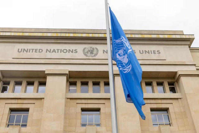 the united nations flag flies at half mast at the european headquarters in geneva switzerland november 13 2023 photo reuters