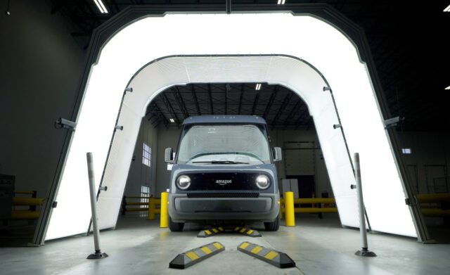 A Rivian-built Amazon delivery van going through UVEye's inspection system