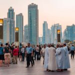 People in Downtown Dubai in front of cityscape.