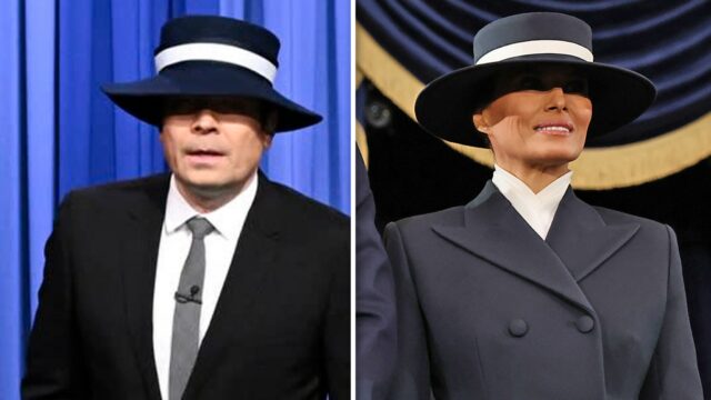 Jimmy Fallon verspottet Melania, weil sie bei der Amtseinführung den „Hamburglar“-Hut trägt

