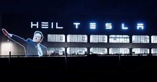 „Heil Tesla“: Elon Musks Gruß wird auf die Fabrik des Automobilherstellers in Deutschland projiziert

