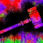 Concept illustration depicting messy litigation with an illustrated gavel on a multicolored background