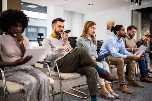 People sitting on chairs in a waiting room.