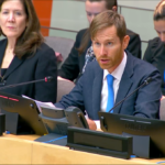 Citizen Lab senior researcher John Scott-Railton, right, and Deputy U.S. Representative to the United Nations Dorothy Camille Shea, left, during the UN Security Council meeting on commercial spyware in New York City, on Jan. 14, 2025.