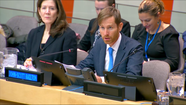 Citizen Lab senior researcher John Scott-Railton, right, and Deputy U.S. Representative to the United Nations Dorothy Camille Shea, left, during the UN Security Council meeting on commercial spyware in New York City, on Jan. 14, 2025.