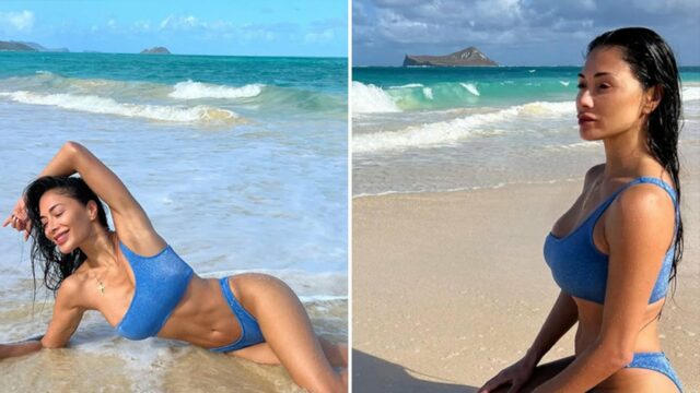 Nicole Scherzinger rockt Teeny Blue Bikini in kräftigen Strandbildern

