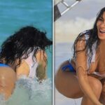 Kim Kardashian taucht in winzigem weißen Oberteil, Bikini -Böden in den Ozean ein