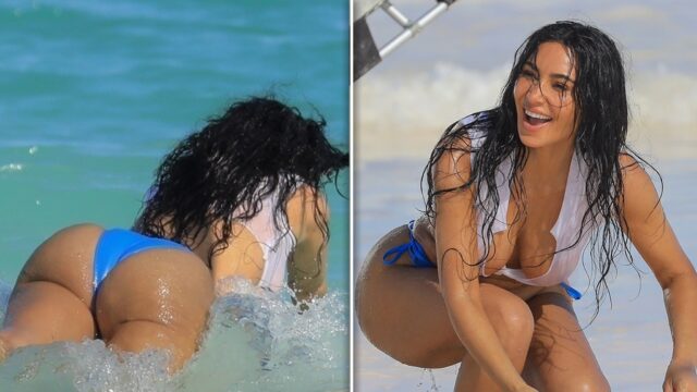 Kim Kardashian taucht in winzigem weißen Oberteil, Bikini -Böden in den Ozean ein

