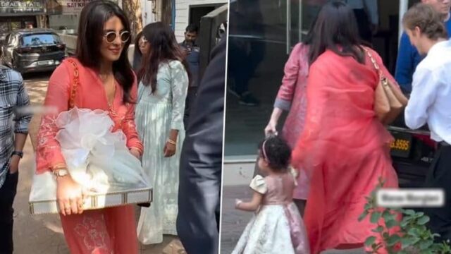 Priyanka Chopra in India: Actress Dons Peach Shalwar Kameez, Daughter Malti Marie Looks Cute in White Frock at Siddharth Chopra’s Pre-Wedding Festivities (Watch Videos)