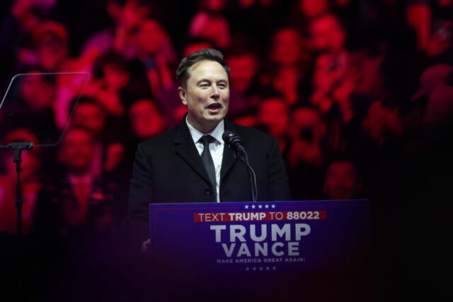 Elon Musk speaks at President-Elect Donald Trump's victory rally at the Capital One Arena on January 19, 2025 in Washington, D.C.