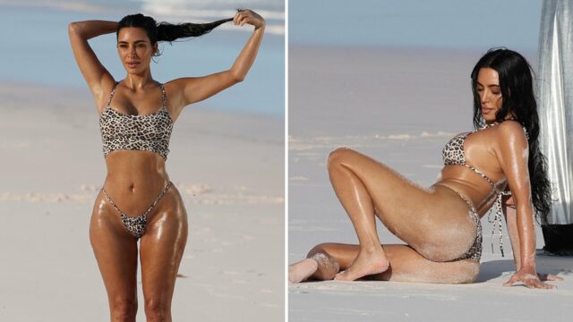 Kim Kardashian rockt winziger Leoparden-Druck-Bikini für Bahamas Fotoshooting

