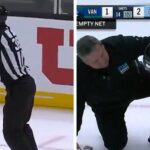 NHL Referee bringt Puck während des Canucks -Spiels zu Familienjuwelen