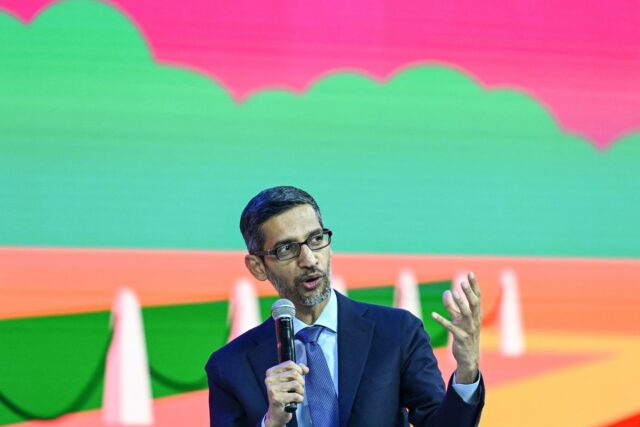 Sundar Pichai, CEO of Google Inc. speaks during an event in New Delhi