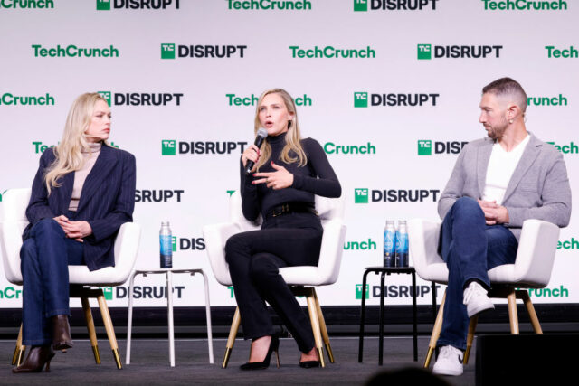 SAN FRANCISCO, CALIFORNIA - OCTOBER 28: (L-R) Erin Foster and Sara Foster, Co-Founders of Favorite Daughter, and Phil Schwarz speak onstage during TechCrunch Disrupt 2024 Day 1 at Moscone Center on October 28, 2024 in San Francisco, California. (Photo by Kimberly White/Getty Images for TechCrunch)