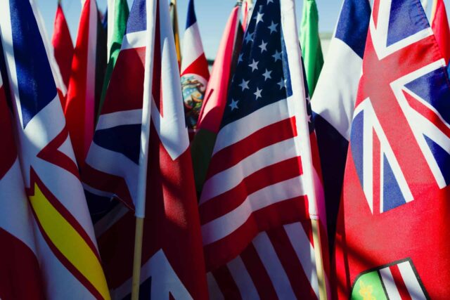 Various international flags.