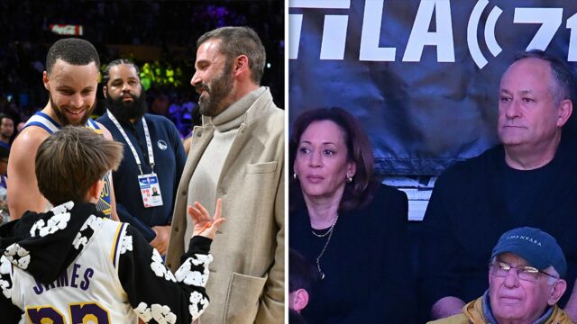 Ben Affleck reibt die Ellbogen mit Steph Curry bei Lakers Game, Kamala Harris sieht zu

