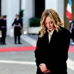 Italian Prime Minister, Giorgia Meloni, waits in the courtyard for the President of the Slovak Republic, Peter Pellegrini at Palazzo Chigi on January 14, 2025 in Rome, Italy.