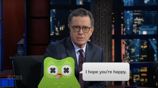 Stephen Colbert trauert um Duolingo Owl Duo, weiß, was Sie getan haben

